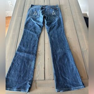 7 For All Mankind Women's Dark Blue Flare Jeans with Branded Back Stitch
